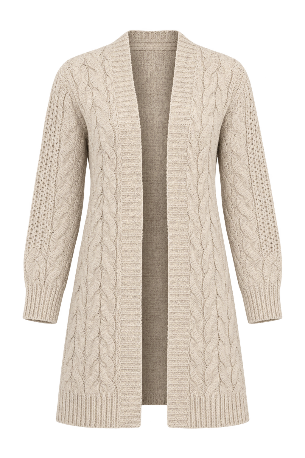  Brave Soul women’s beige cable knit cardigan in UK Size L. Open-front design with long sleeves and textured knit detail, perfect for stylish everyday layering.