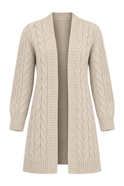  Brave Soul women’s beige cable knit cardigan in UK Size L. Open-front design with long sleeves and textured knit detail, perfect for stylish everyday layering.