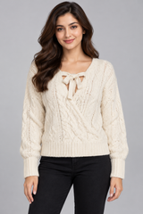 Brave Soul Women Cream Cable Knit Bow-Neck Jumper