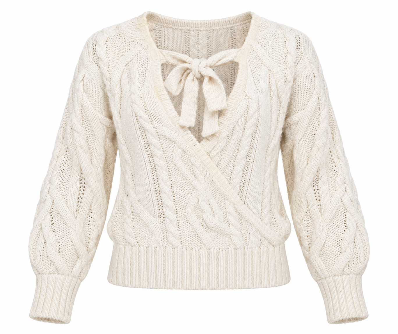   Brave Soul women’s cream cable knit jumper in UK size S, featuring a bow-tie V-neck, openwork detailing, long sleeves and ribbed trims.
