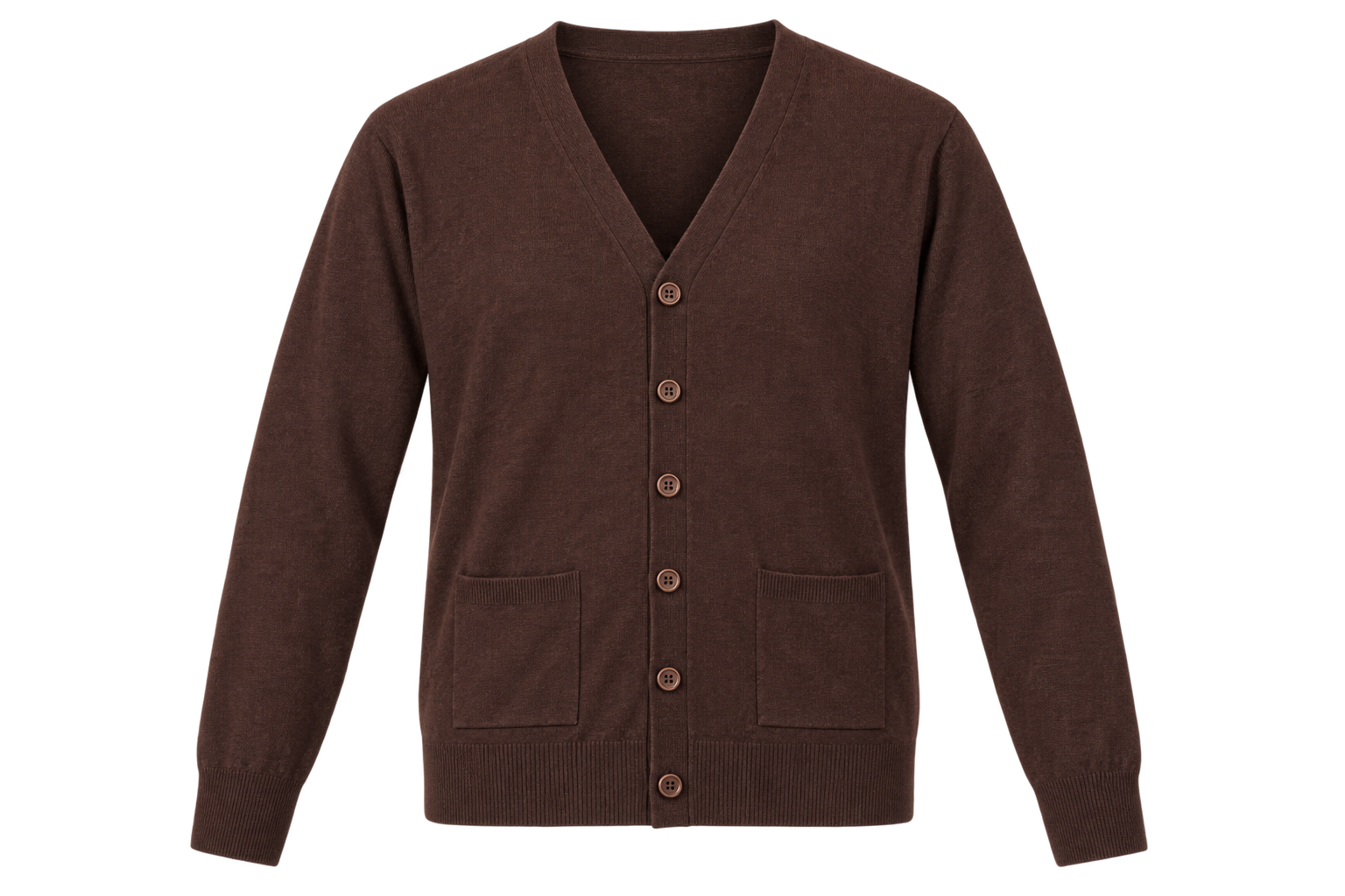   Brave Soul women’s dark brown knit cardigan in UK size M. V-neck, button-front design, long sleeves, and handy pockets—perfect for everyday layering.