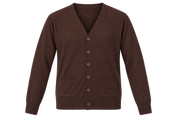   Brave Soul women’s dark brown knit cardigan in UK size M. V-neck, button-front design, long sleeves, and handy pockets—perfect for everyday layering.