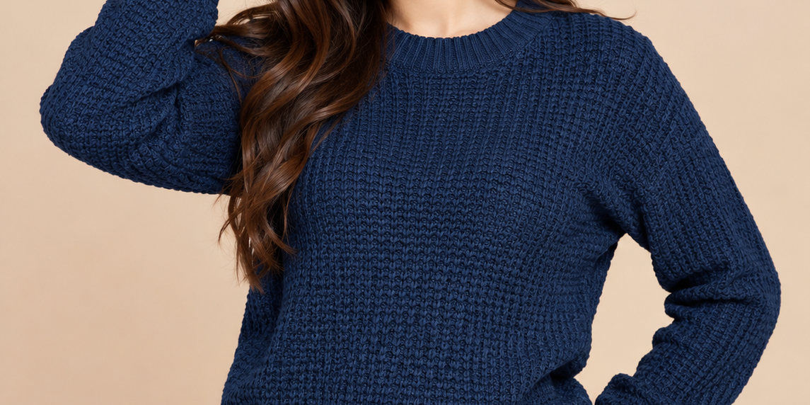  the BRAVE SOUL Women’s Navy Blue Knitted Jumper in UK Size M. A stylish crew-neck sweater with long sleeves and a comfortable textured knit finish.
