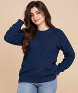 BRAVE SOUL Women Navy Blue Knitted Crew Neck Jumper