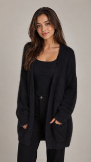 BRAVE SOUL Women’s Black Fuzzy Longline Cardigan, UK Size L with a soft textured finish, open front, long sleeves and practical pockets—perfect for stylish everyday layering.