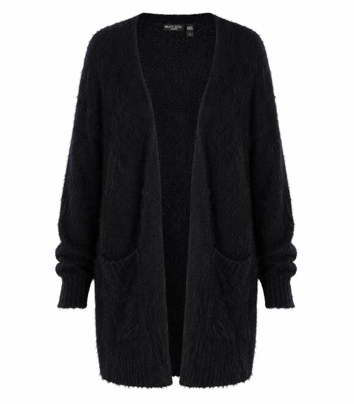 BRAVE SOUL Women’s Black Fuzzy Longline Cardigan, UK Size L with a soft textured finish, open front, long sleeves and practical pockets—perfect for stylish everyday layering.