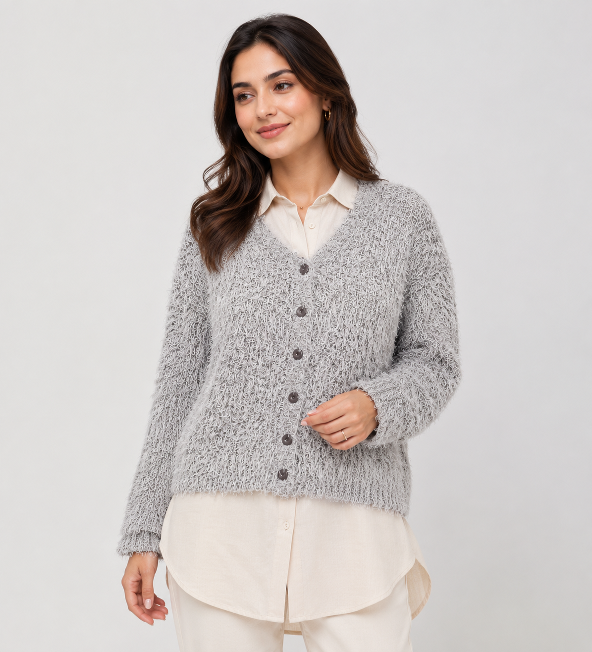  BUISDAEL LONDON Women's Grey Fluffy Knit Cardigan. Soft fuzzy fabric, button-up design, long sleeves, and a comfortable fit for everyday style.