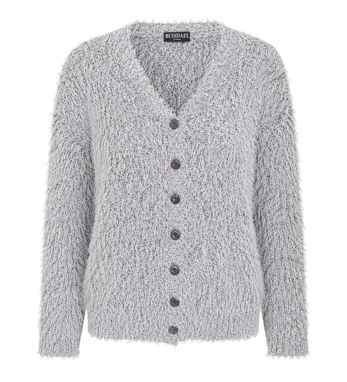 BUISDAEL LONDON Women's Grey Fluffy Knit Cardigan. Soft fuzzy fabric, button-up design, long sleeves, and a comfortable fit for everyday style.