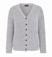BUISDAEL LONDON Women's Grey Fluffy Knit Cardigan. Soft fuzzy fabric, button-up design, long sleeves, and a comfortable fit for everyday style.