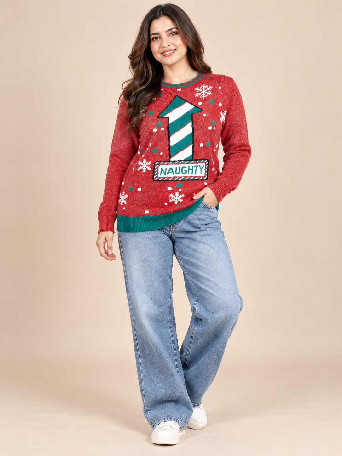 BURTON Christmas Naughty Knitted Jumper in Light Rough Red, UK Size XL. Festive snowflake design, crew neck and cosy winter style.