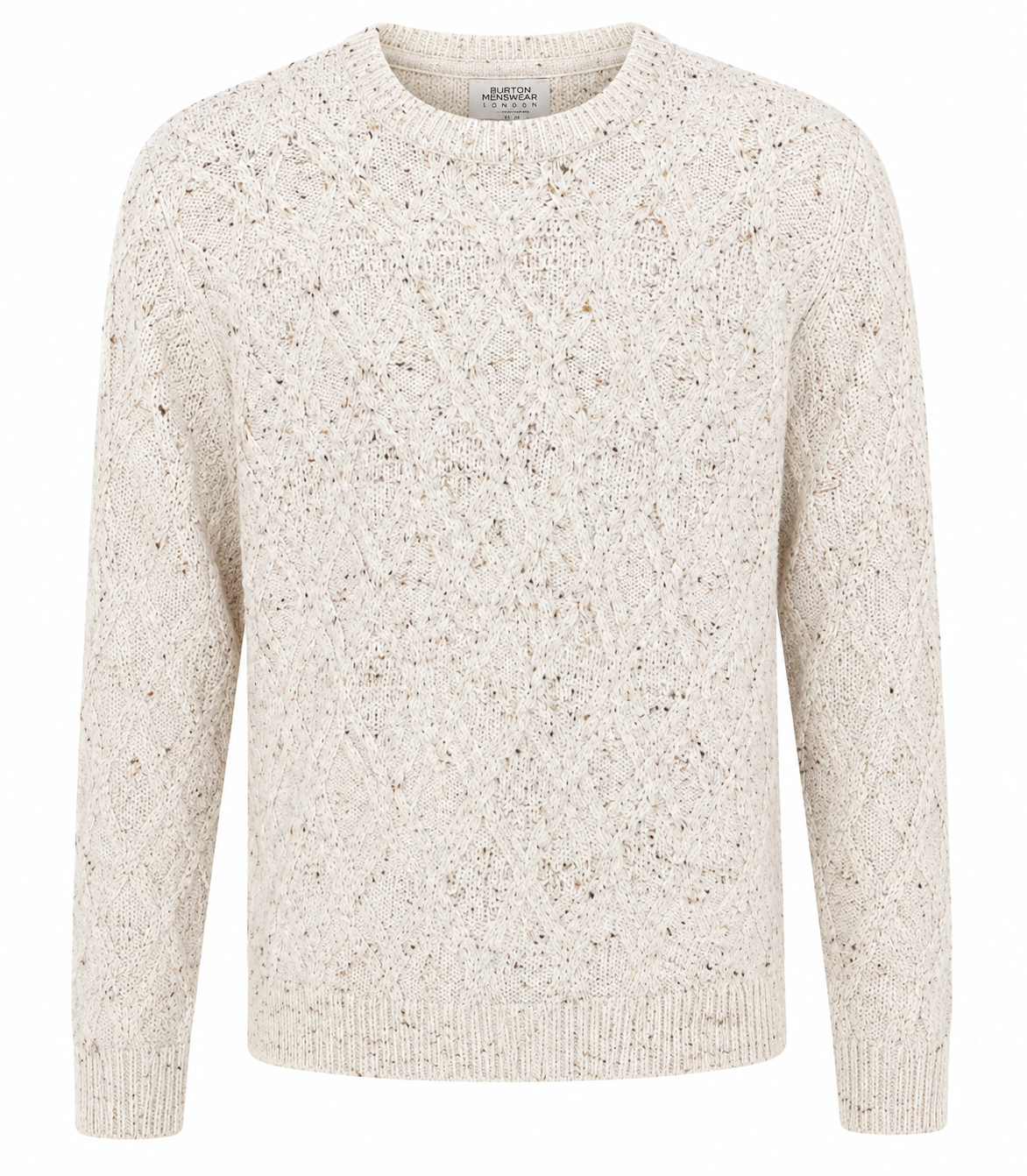 BURTON cream cable knit sweater in UK Size M, featuring a classic textured design, crew neck and long sleeves. Perfect for stylish casual and winter outfits.