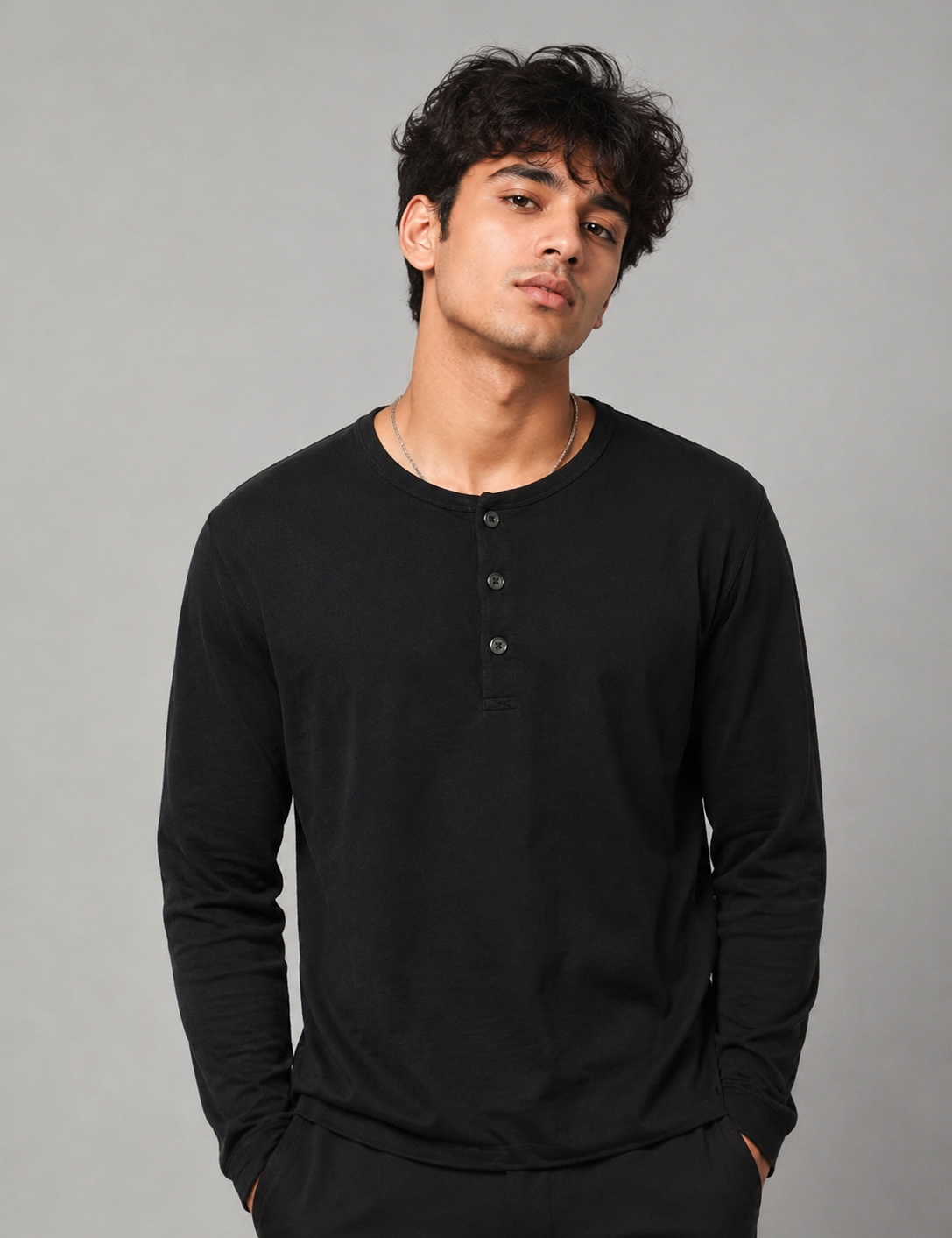  BURTON MENSWEAR Black Long Sleeve Henley Top in UK Size L. Classic three-button design, versatile black colour and timeless men's casual style.