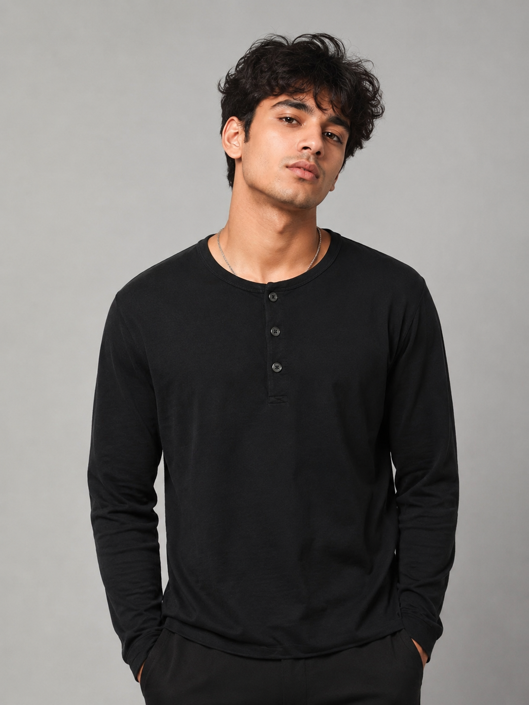  BURTON MENSWEAR Black Long Sleeve Henley Top in UK Size L. Classic three-button design, versatile black colour and timeless men's casual style.