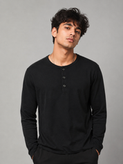  BURTON MENSWEAR Black Long Sleeve Henley Top in UK Size L. Classic three-button design, versatile black colour and timeless men's casual style.