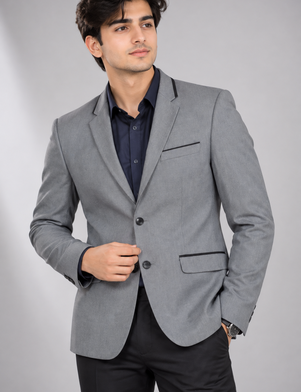 BURTON MENSWEAR LONDON men’s grey blazer in UK Size L with stylish black trim. Original branded smart formal wear in 4-star condition.