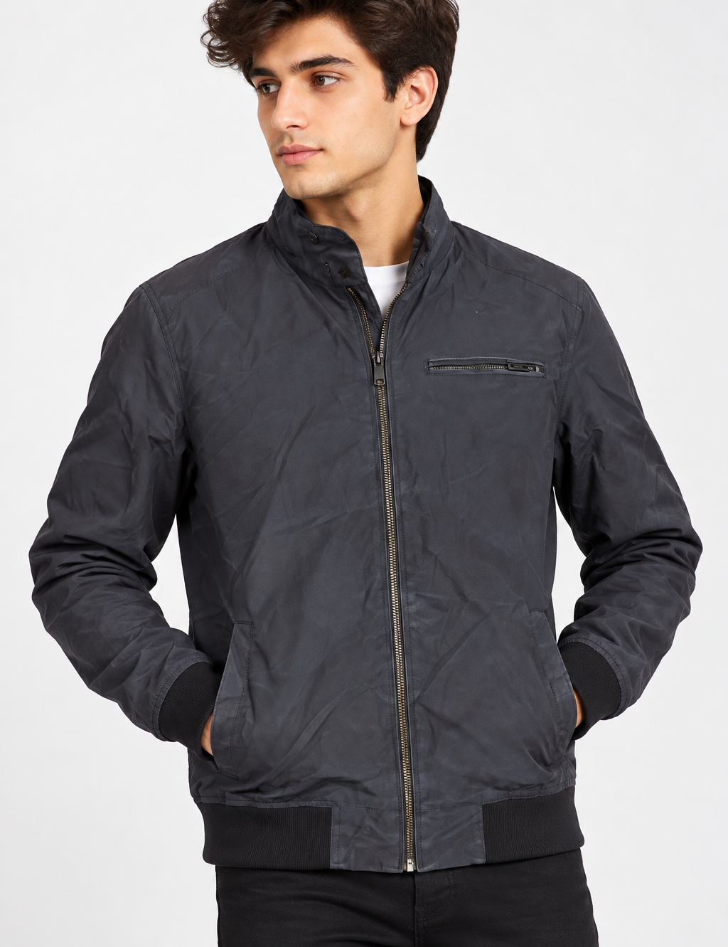 BURTON MENSWEAR men’s charcoal bomber jacket in UK Size M, featuring a zip front, stand collar, chest pocket and ribbed trims for everyday style.