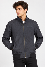 BURTON MENSWEAR men’s charcoal bomber jacket in UK Size M, featuring a zip front, stand collar, chest pocket and ribbed trims for everyday style.