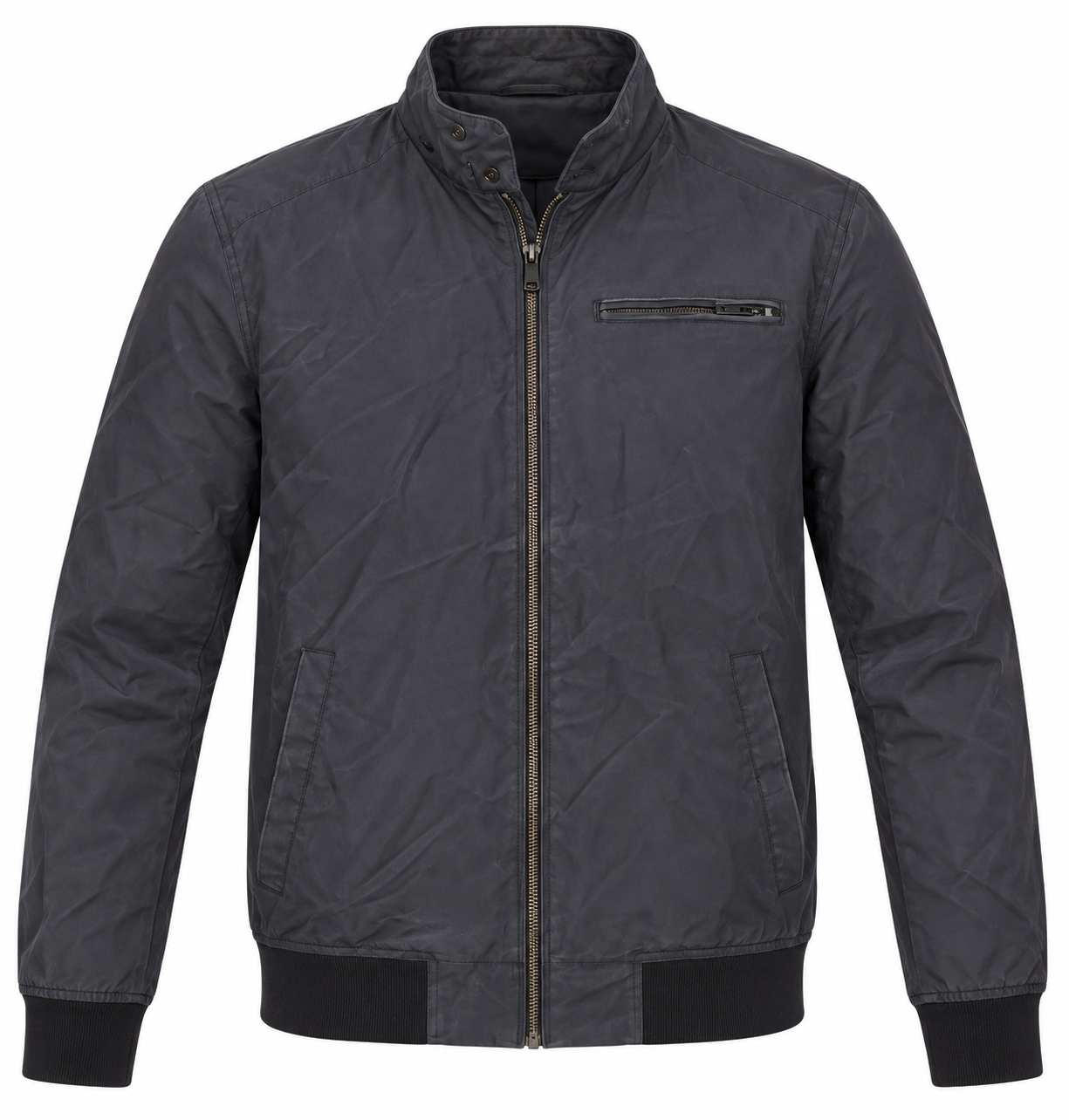 BURTON MENSWEAR men’s charcoal bomber jacket in UK Size M, featuring a zip front, stand collar, chest pocket and ribbed trims for everyday style.