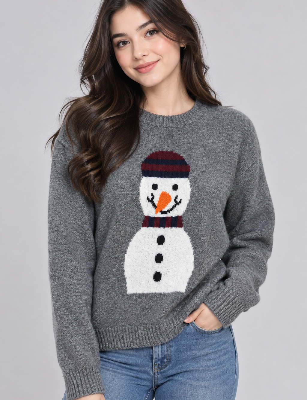 Burton Menswear women’s grey Christmas jumper in UK size L, featuring a festive snowman design, classic crew neck and comfortable knitted fabric.