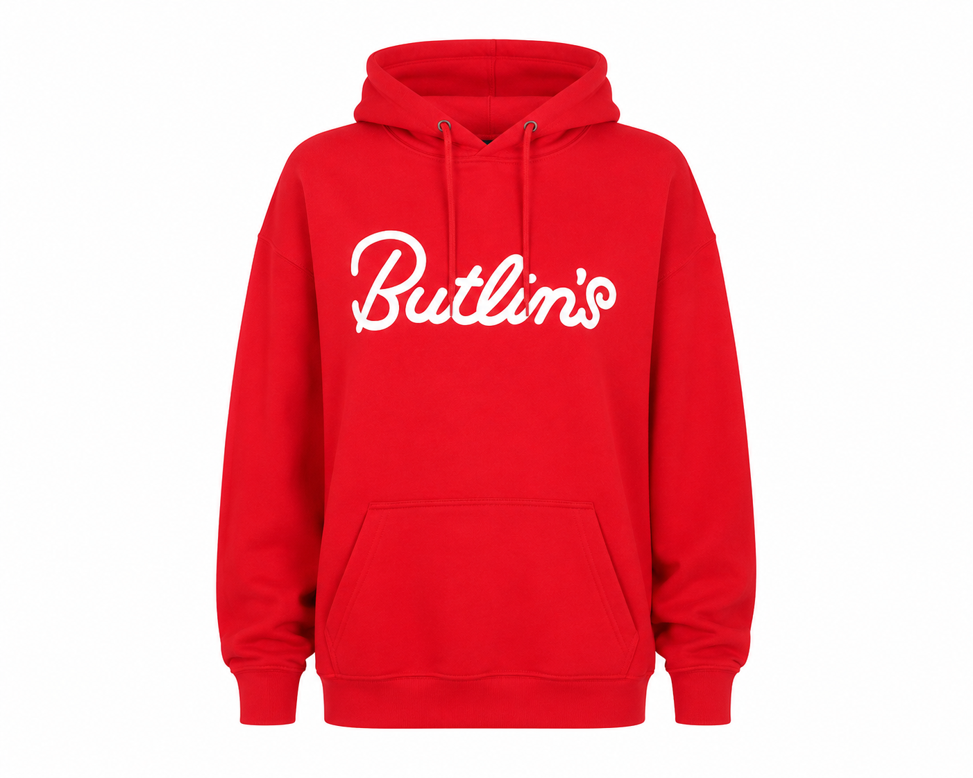   Butlins girls’ red hoodie in UK size M, featuring a white logo, drawstring hood and kangaroo pocket. Perfect for casual everyday wear.