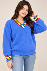 By Ron Girl Blue Fluffy V-Neck Jumper
