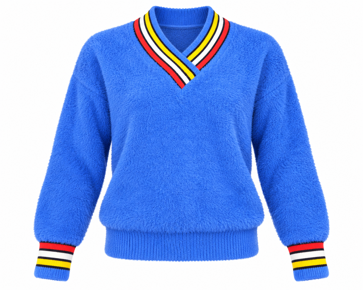  By Ron girls blue fluffy V-neck jumper in UK size 16–17 years, featuring colourful striped neck and cuff detailing. Soft, cosy and stylish.
