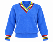  By Ron girls blue fluffy V-neck jumper in UK size 16–17 years, featuring colourful striped neck and cuff detailing. Soft, cosy and stylish.