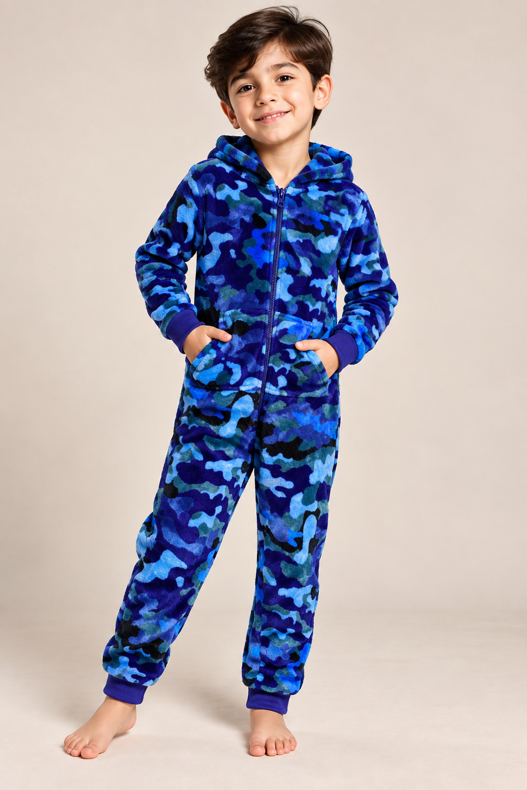 By Very boys blue camouflage hooded fleece onesie in UK size 7-8 years. Cosy full-zip design with hood and pockets, ideal for winter and lounging.