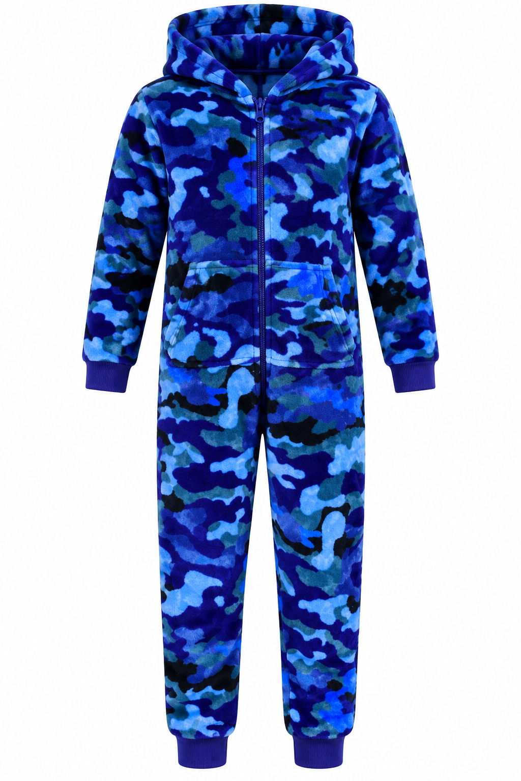  By Very boys blue camouflage hooded fleece onesie in UK size 7-8 years. Cosy full-zip design with hood and pockets, ideal for winter and lounging.