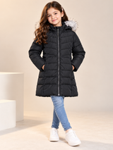 BY VERY Girls Black Quilted Puffer Coat with Faux Fur Hood
