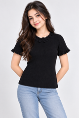 BY VERY Girls Black Ribbed Ruffle Neck Top