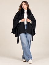 BY VERY Women Black Faux Fur Collar Cape Coat
