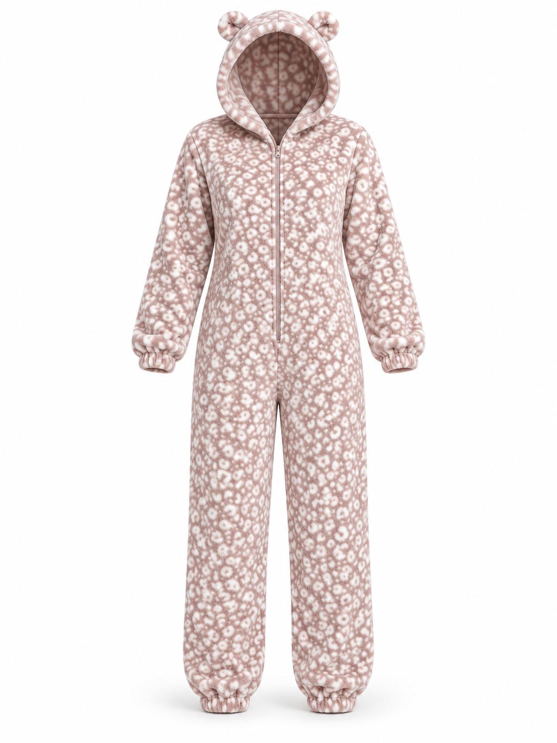   By Very women’s leopard print fleece onesie in taupe pink, UK size S. Cosy hood with animal ears, zip front and cuffed sleeves and ankles.