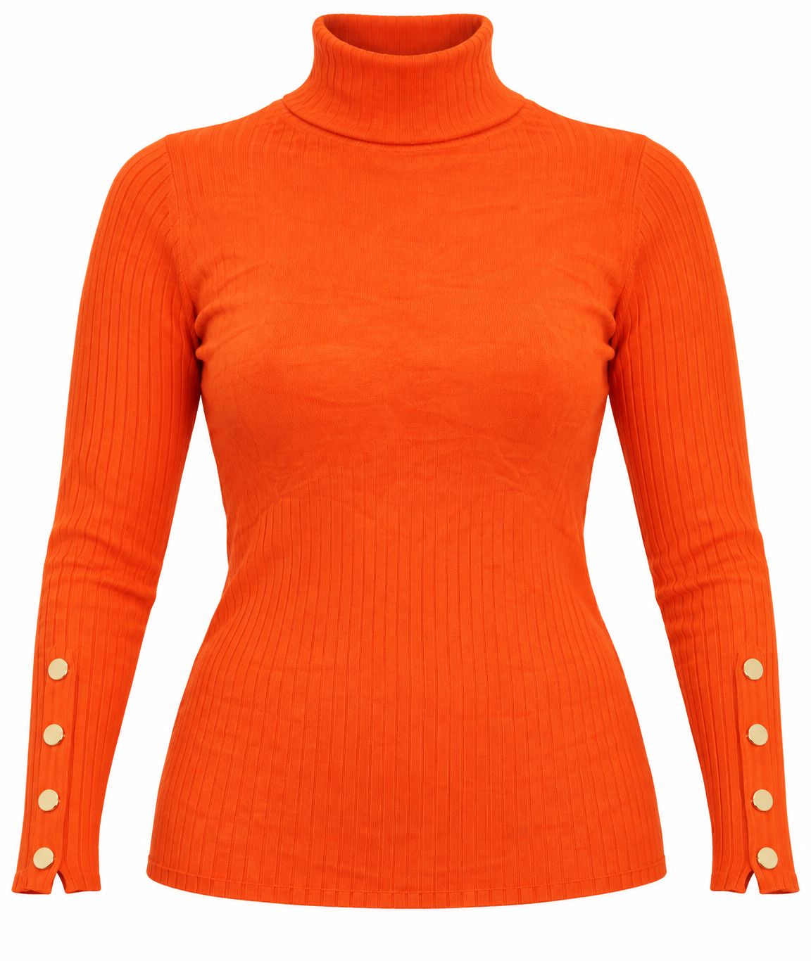 BY VERY Women's Orange Ribbed High Neck Sweater in UK Size M. Stylish gold button cuffs, flattering fit, and elegant winter fashion at great prices.