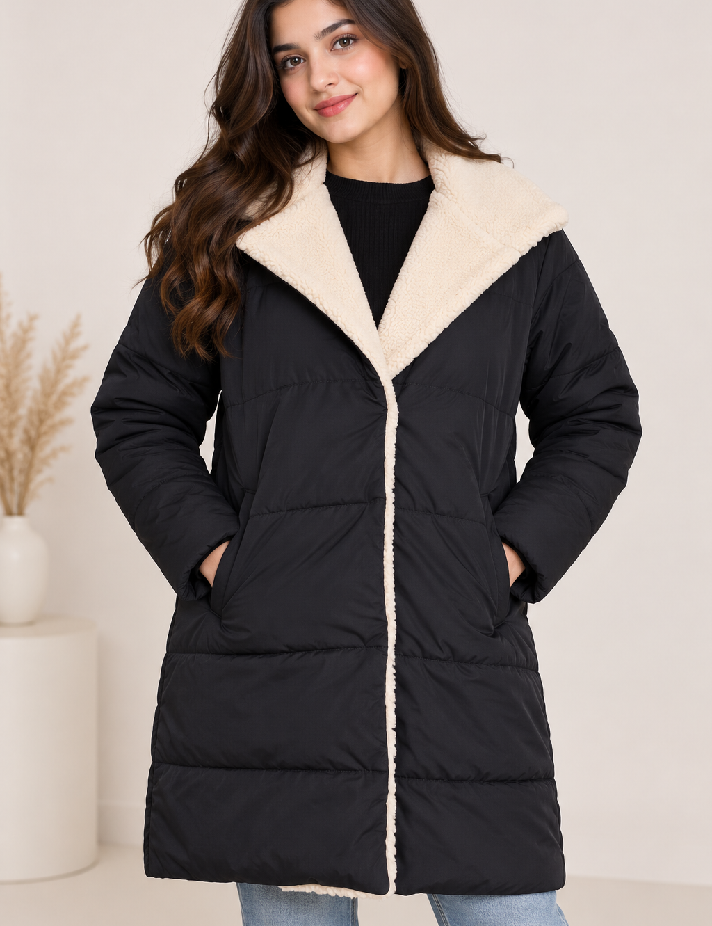 BY VERY women’s black quilted long puffer coat in UK Size L, featuring a cosy cream sherpa collar and trim. Stylish winter outerwear.