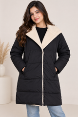 BY VERY Women’s Black Quilted Long Puffer Coat with Sherpa Collar