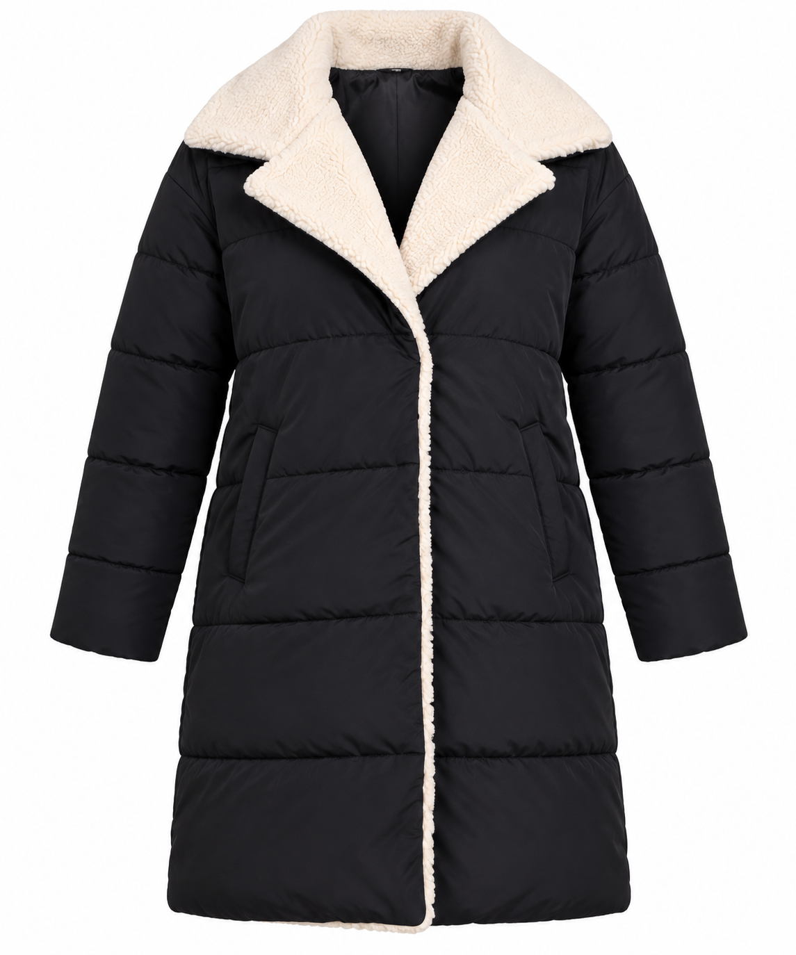 BY VERY women’s black quilted long puffer coat in UK Size L, featuring a cosy cream sherpa collar and trim. Stylish winter outerwear.