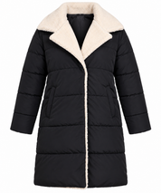BY VERY women’s black quilted long puffer coat in UK Size L, featuring a cosy cream sherpa collar and trim. Stylish winter outerwear.