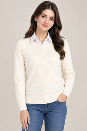  C.M.D women’s cream textured knit cardigan in UK size M. Featuring a button-front design, long sleeves and ribbed trims, perfect for stylish everyday layering.