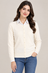 C.M.D Women Cream Textured Knit Button-Front Cardigan