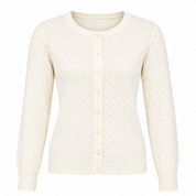  C.M.D women’s cream textured knit cardigan in UK size M. Featuring a button-front design, long sleeves and ribbed trims, perfect for stylish everyday layering.