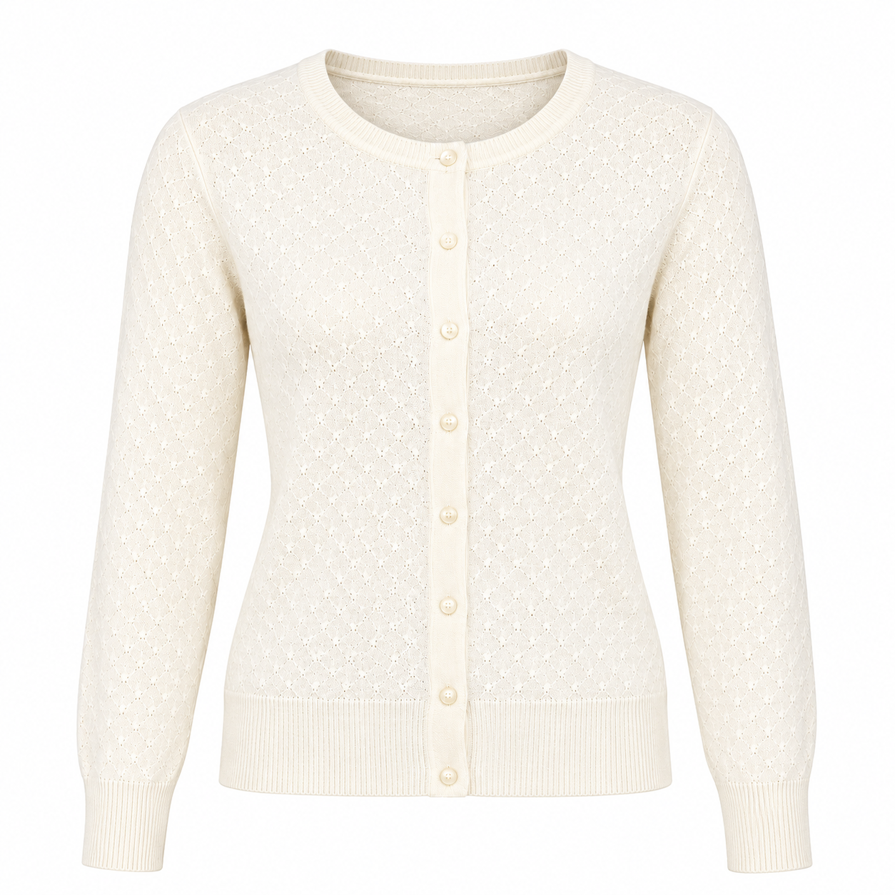  C.M.D women’s cream textured knit cardigan in UK size M. Featuring a button-front design, long sleeves and ribbed trims, perfect for stylish everyday layering.