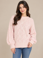  Calvin Klein Women's Light Pink Cable Knit Jumper in UK Size S. Stylish balloon sleeves, textured knit design and comfortable everyday fashion.