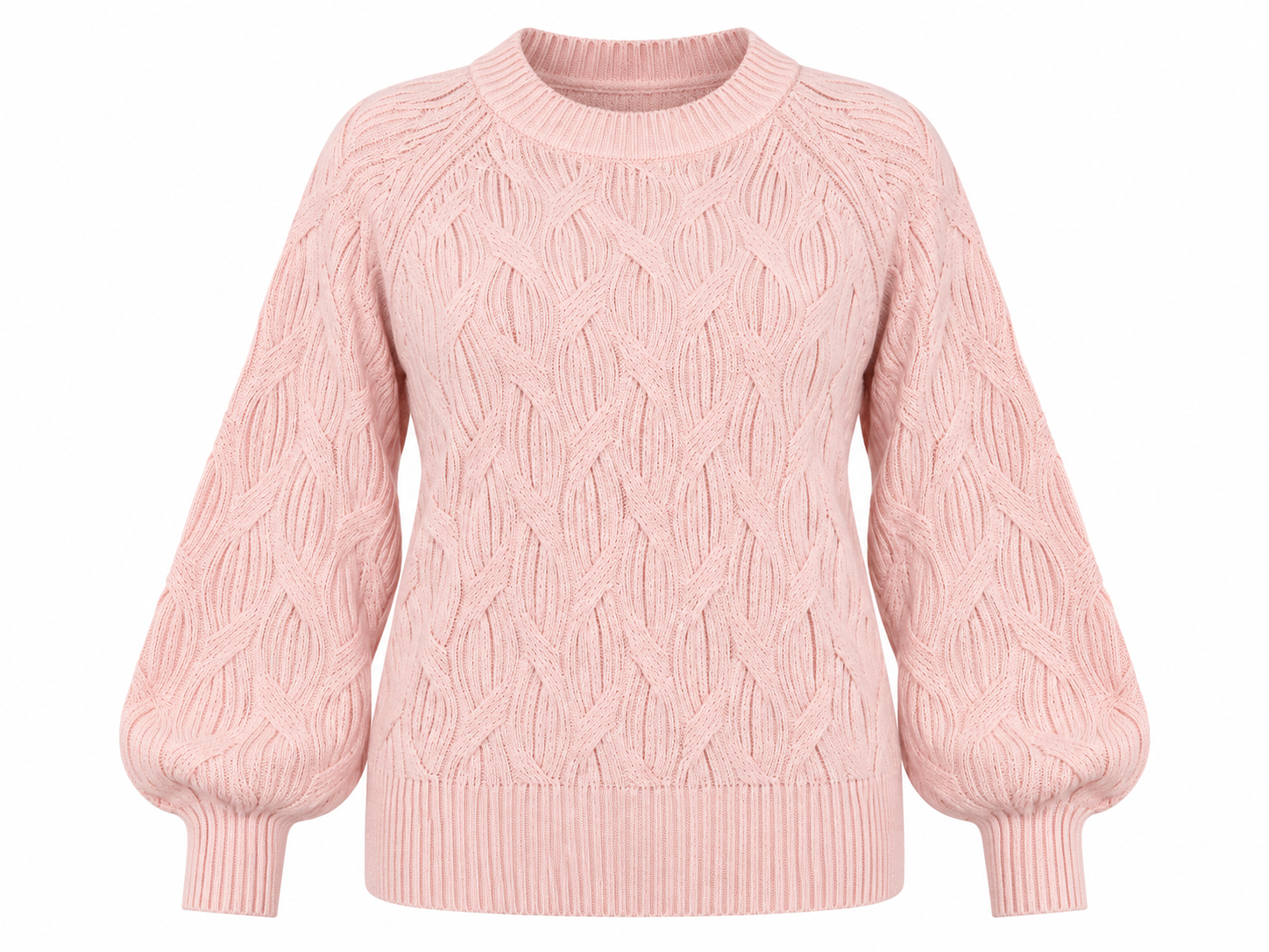  Calvin Klein Women's Light Pink Cable Knit Jumper in UK Size S. Stylish balloon sleeves, textured knit design and comfortable everyday fashion.