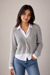 CAMEO ROSE Light Grey Chunky Knit V-Neck Cropped Cardigan