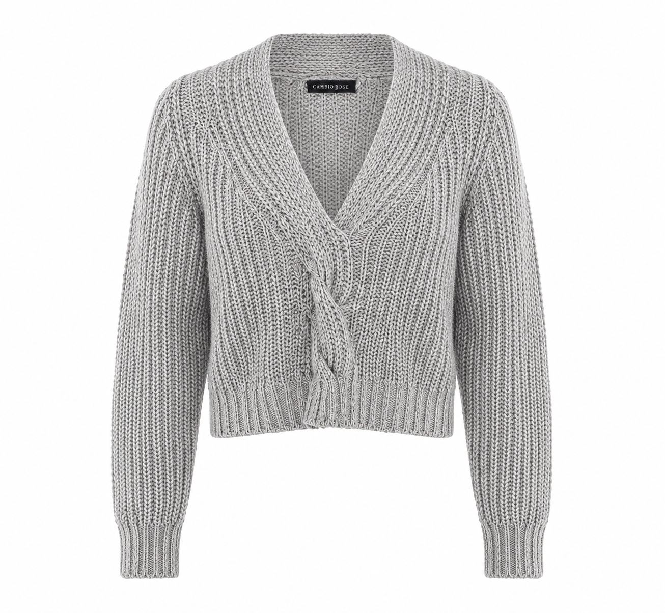  CAMEO ROSE light grey chunky knit V-neck cropped cardigan in UK size S/M. Stylish crossover front, long sleeves and cosy textured knit.