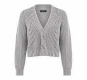  CAMEO ROSE light grey chunky knit V-neck cropped cardigan in UK size S/M. Stylish crossover front, long sleeves and cosy textured knit.