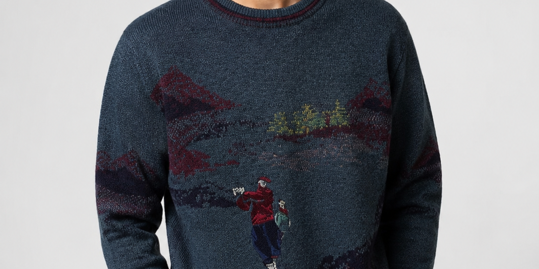  CANDA men’s vintage mountain pattern knitted jumper in dark teal, UK size M. Stylish crew neck design with scenic detailing, perfect for casual and winter wear.