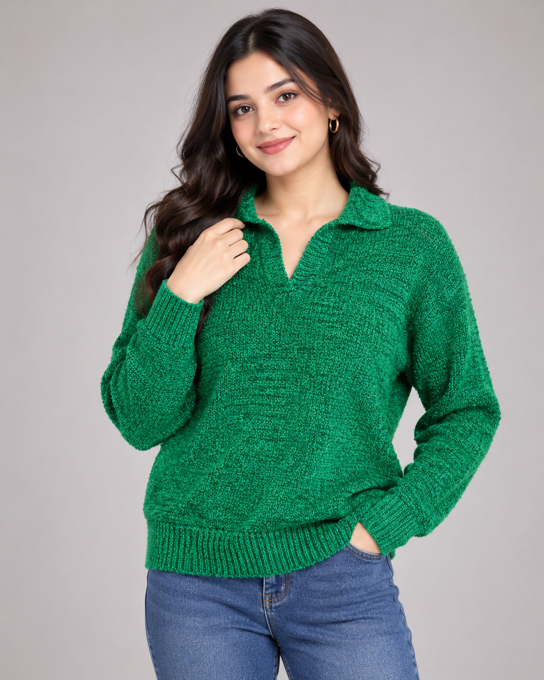CANDA women’s green knitted jumper in UK size L. Textured collared V-neck design with long sleeves and ribbed finish. Perfect for cosy everyday styling.