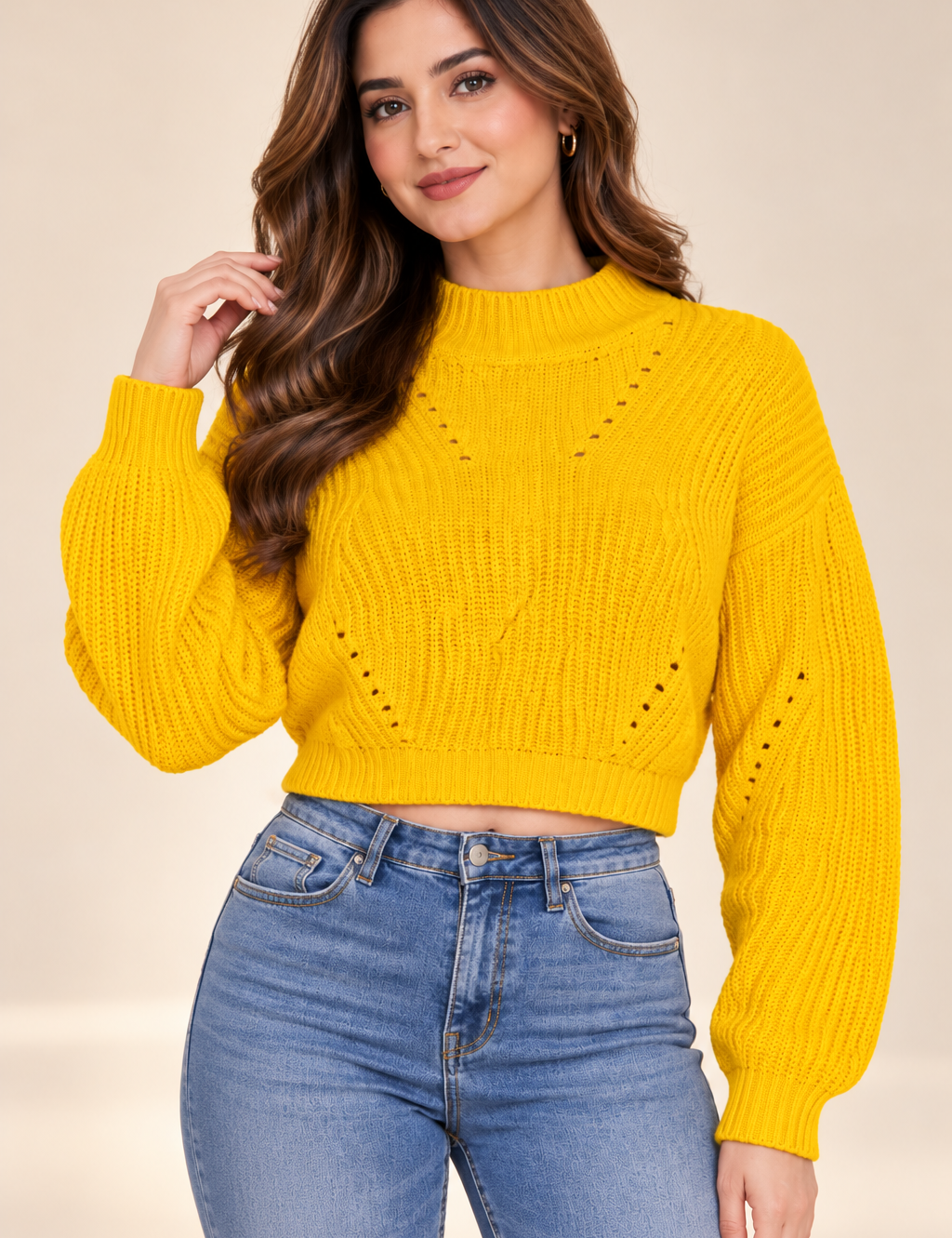  Candy Women’s Mustard Yellow Chunky Knit Jumper in UK Size 13, featuring a cropped fit, balloon sleeves, ribbed high neck and textured design.
